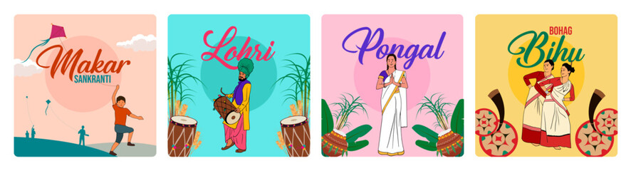 Indian festivals Makar Sankranti, Lohri, Pongal, and Bohag Bihu editable vector illustration social media posts and banners - obrazy, fototapety, plakaty