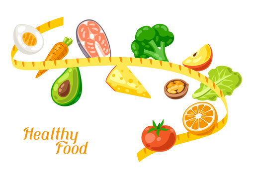 Illustration of measure tape with food. Healthy eating and diet meal. Fruits, vegetables and proteins for proper nutrition.