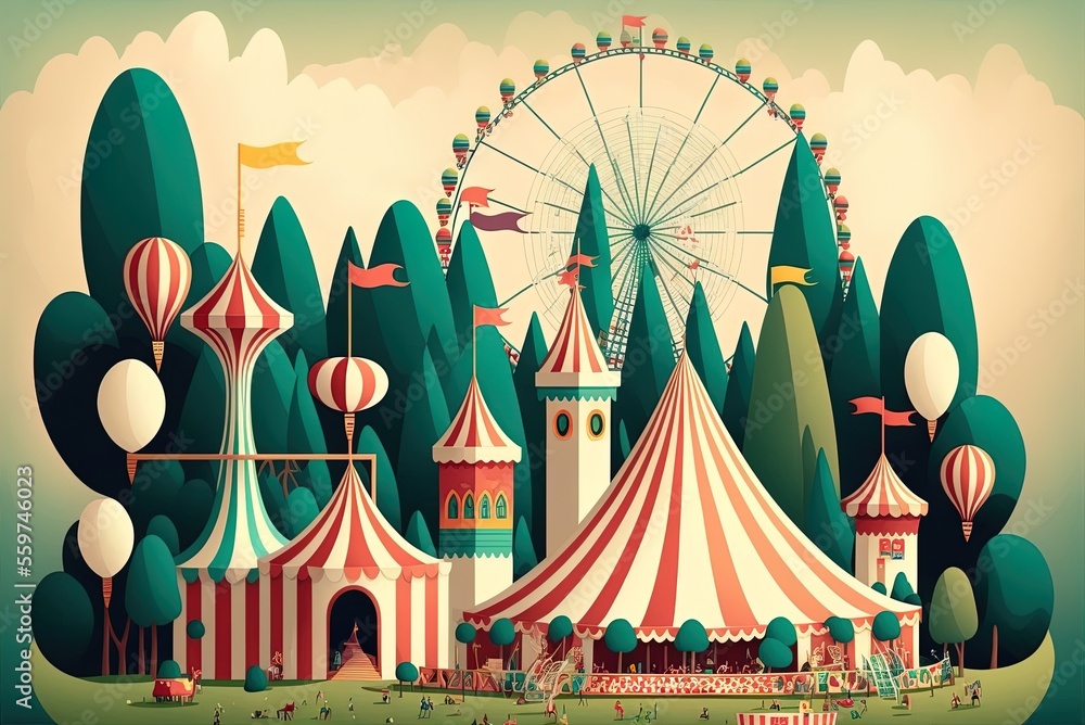 Poster scenic view of an amusement park with a circus and a wide variety of rides. generative ai