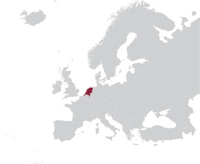 Obraz premium Maroon Map of Netherlands within gray map of European continent