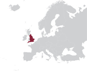 Obraz premium Maroon Map of England within gray map of European continent