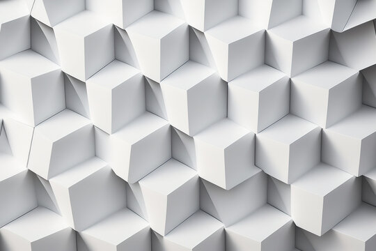 For use in business, industry, and other settings, a contemporary abstract geometric tileable texture. Polygonal square cube digital illustration tile wall background with futuristic white design