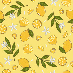 Obraz premium Seamless pattern with lemons, twigs, flowers and lemon slices. Vector graphics.
