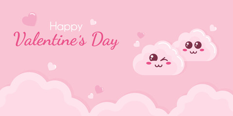 Happy valentine's day greeting banner with cartoon clouds and hearts.