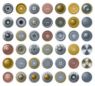 Realistic buttons for clothes. Vintage metal fastener, denim accessory button and top view antique bronze garment fasteners vector set