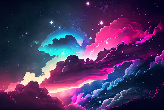 Fantasy Dreamy Neon Night Sky With Glowing Clouds And Stars, Illustration Imitating Watercolor Drawing Created With Generative AI Technology