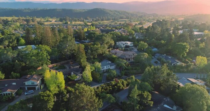 Aerial: Suburb of Menlo Park in Silicon Valley, California, USA