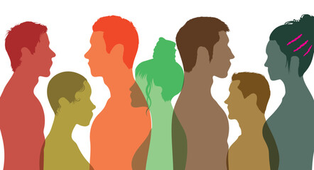 The crowd communicates with each other. The dialogue profile. Coloured people in a group. Conferences or debates. 