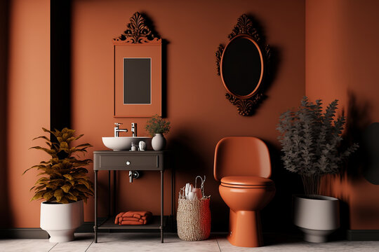 With a toilet, seats, and other decor in terracotta tones, a modern dark interior. Generative AI. High quality illustration