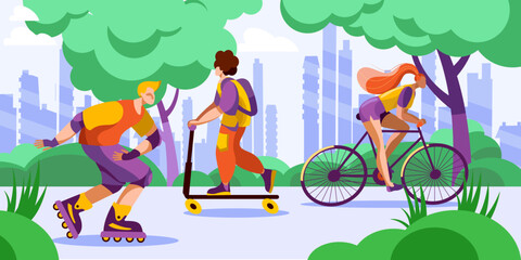 The characters ride roller skates, bicycles and scooters in the park against the backdrop of a modern city. Horizontal banner in a flat style on the theme of spring sports.