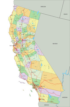 California - Highly detailed editable political map with labeling.