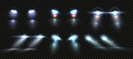 Car lights. Night road headlights beams, light overlay effect of auto lamps flares isolated vector set