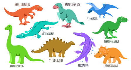 Set of cute happy dinosaurs, with the names of each, the inhabitants of the ancient world in a children's cartoon style smiles, Dromeosaurus and Tyrannosaurus, Brachiosaurus and Pterodactyl