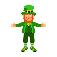 Leprechaun with clover in hat waving, smiling red-bearded Irishman in green suit greets with outstretched arms, St. Patrick's Day symbol. Vector illustration
