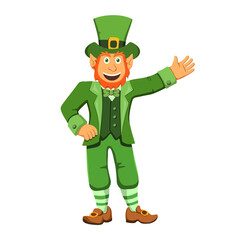 A happy leprechaun waves his hand and greets. A smiling red-bearded Irishman in a green suit. Vector illustration in cartoon, flat style, good luck and st. patrick's day symbol