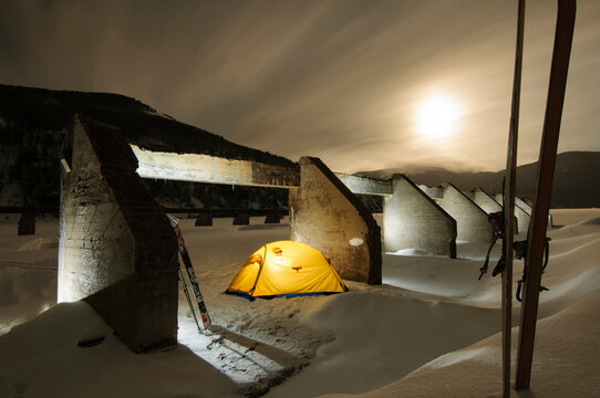 Modern camping in the ruins of a building at Camp Hale, Colorado.