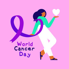 World cancer Day. vector illustration of a woman who cares about cancer.  the purple ribbon symbolizes care and support.  carrying a white love sign which means compassion for survivors