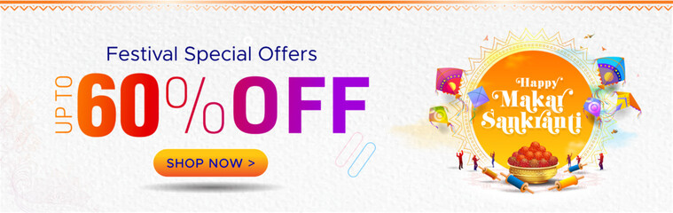 Vector file of Makar Sankranti Festival and Sale banner, special offers, discount, deals, template design. Sky and Kite flying with 60% off text.