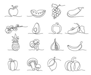 One line vegetables and fruits. Hand drawn groceries, healthy and natural vegan food continuous line vector Illustration set