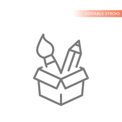 Open box, paintbrush and pencil line vector icon. Idea, creative solution outlined symbol.