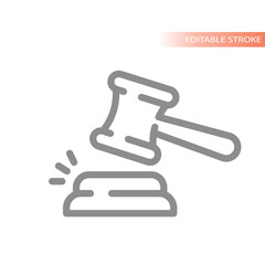 Court or auction hammer line vector icon. Judgement, law and legal outlined symbol.
