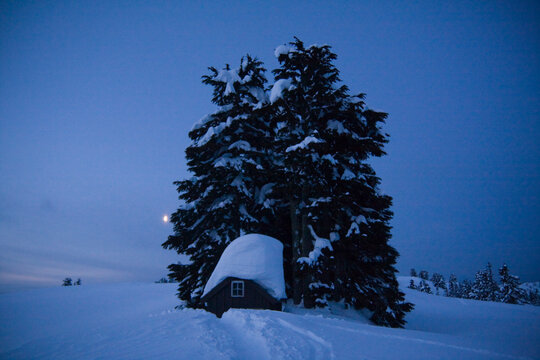 A trail leads through snow to the outhouse of the Elfin Lakes Hut in Garibaldi Provincial Park, British Columbia, Canada.