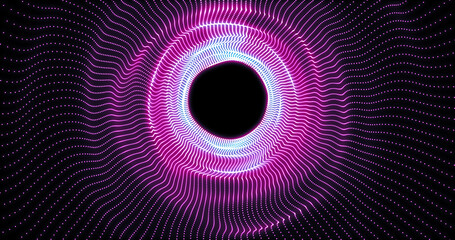 Abstract tunnel background with bright beautiful blue and purple glowing energy magical waves and lines of small digital particles