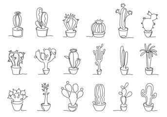 One continuous line potted cactus. Hand drawn Mexican cacti, home decor plants vector illustration set
