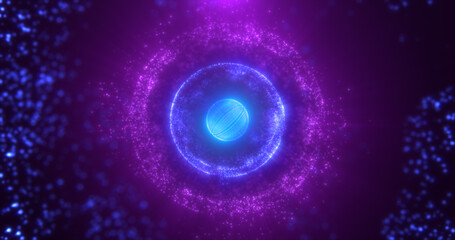 Abstract round purple sphere glowing energy magic molecule with atoms from particles and dots cosmic. Abstract background