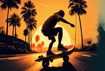 Fotobehang a man riding a skateboard on the beach © Ozis