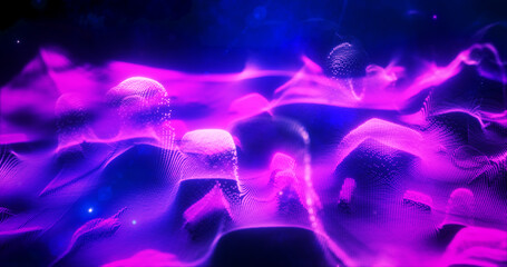 Abstract purple futuristic landscape of particles and dots of energetic magic with glow and blur effect, abstract background