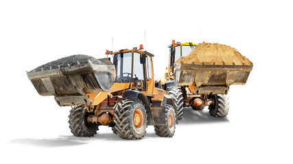 Two heavy front loaders or bulldozers on a white isolated background. Sand and gravel in a large bucket. Construction equipment. Transportation and movement of bulk materials.