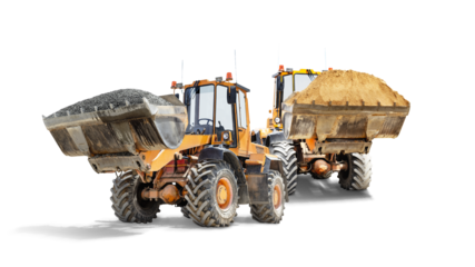 Two heavy front loaders or bulldozers on a white isolated background. Sand and gravel in a large bucket. Construction equipment. Transportation and movement of bulk materials.