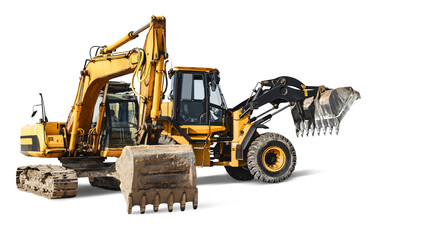 Excavator and bulldozer loader close-up on a white isolated background.Construction equipment for earthworks. element for design. - obrazy, fototapety, plakaty