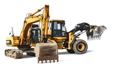 Excavator and bulldozer loader close-up on a white isolated background.Construction equipment for earthworks. element for design.