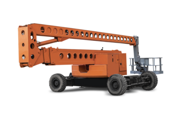 Construction telescopic tower or work platform for people to work at height on a white isolated background. Powerful work platform for lifting construction workers up. Element for design.