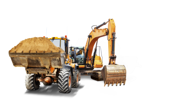 Excavator and bulldozer loader close-up on a white isolated background.Construction equipment for earthworks. element for design.