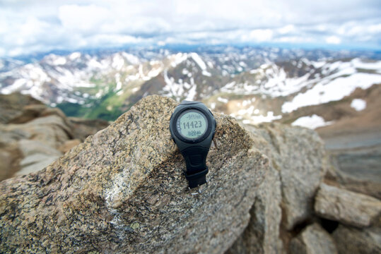 View from summit of Mount Massive with altimeter watch, Leadville, Colorado, USA