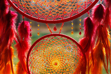 Handmade dream catcher with feathers threads and beads rope hanging