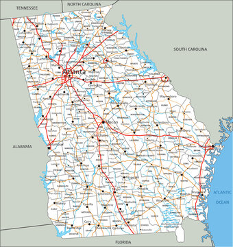 High detailed Georgia road map with labeling.