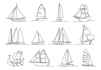 One continuous line sailing ship. Hand drawn different types of sailboat, ships and sailing yacht isolated vector illustration set