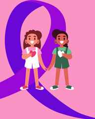two girls holding hands.  vector illustration with the concept of caring for children's health against various diseases.  support without discrimination to survivors of cancer or other illnesses