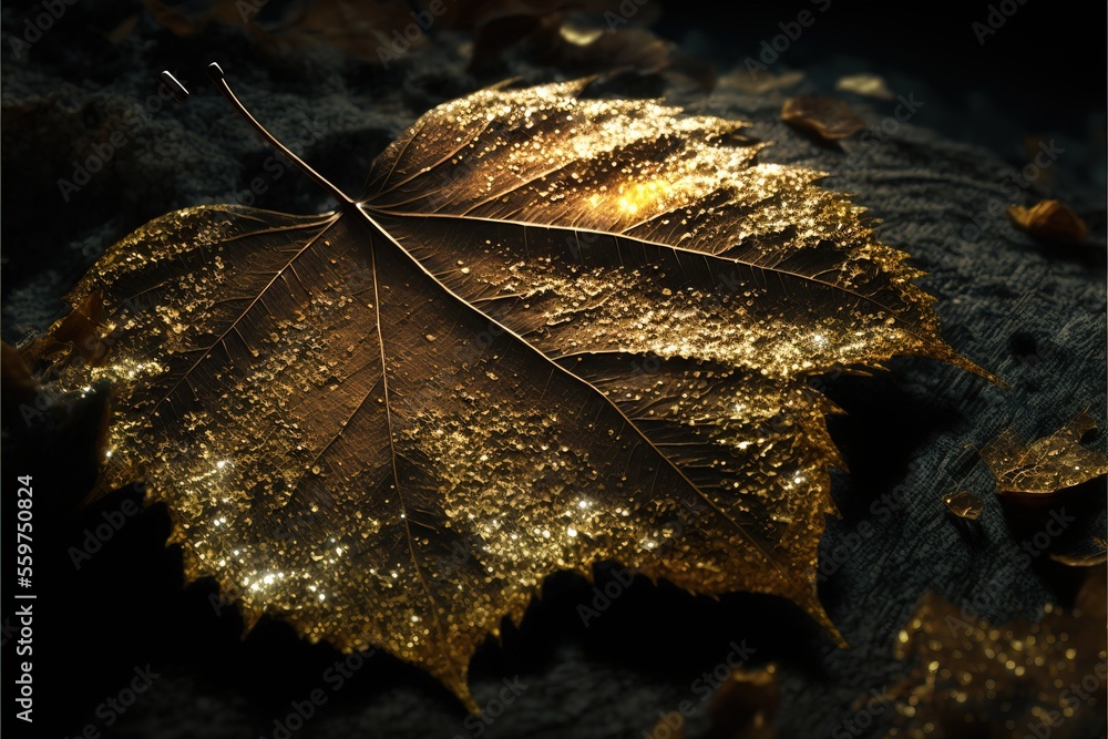 Aufkleber a leaf with gold glitters on it laying on a rock surface with leaves around it and a light shining o