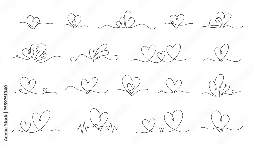 Wall mural one continuous line heart. hand drawn connected couple hearts, minimalist love flourish and romantic