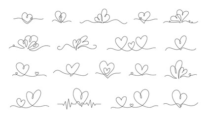 One continuous line heart. Hand drawn connected couple hearts, minimalist love flourish and romantic decoration vector set