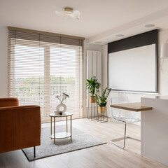 Small and elegant living room with projector screen