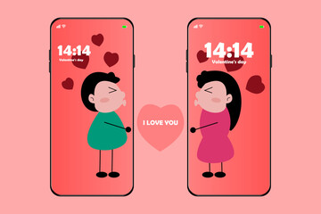 Pictures of lovers kissing from the phone screen. Expressing love, Lovers relationship, Design for Valentine's day festival on pink background, Valentine's day concept, Vector illustration.