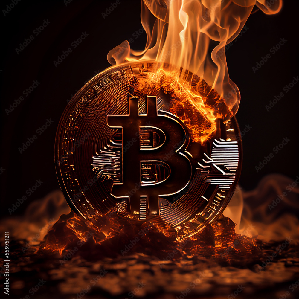Poster bitcoin coin in fire. generative ai.