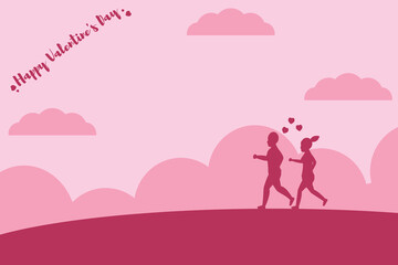 Couple jogging for good health. Expressing love, Lovers relationship, Design for Valentine's day festival on pink background, Valentine's day concept, Vector illustration.