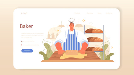Baker web banner or landing page. Chef in the uniform baking bread